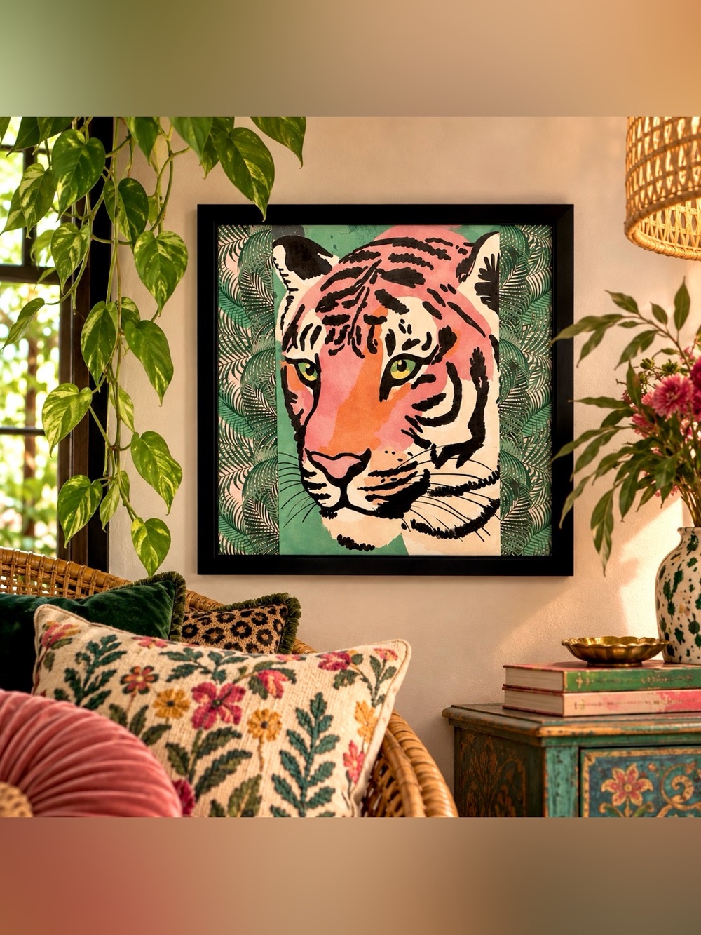 Vibrant Tiger Art Canvas Print Black Framed Palm Leaf Pink Green Wall Art 13x13”